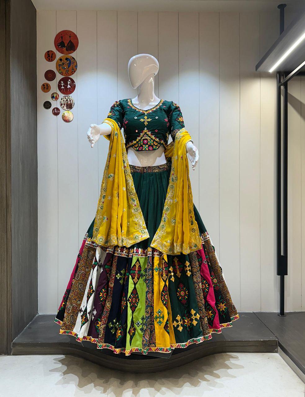 Pure Khadi Cotton Print With Aari Patch Skirt With Heavy Embroidery Work And Cut Print Border