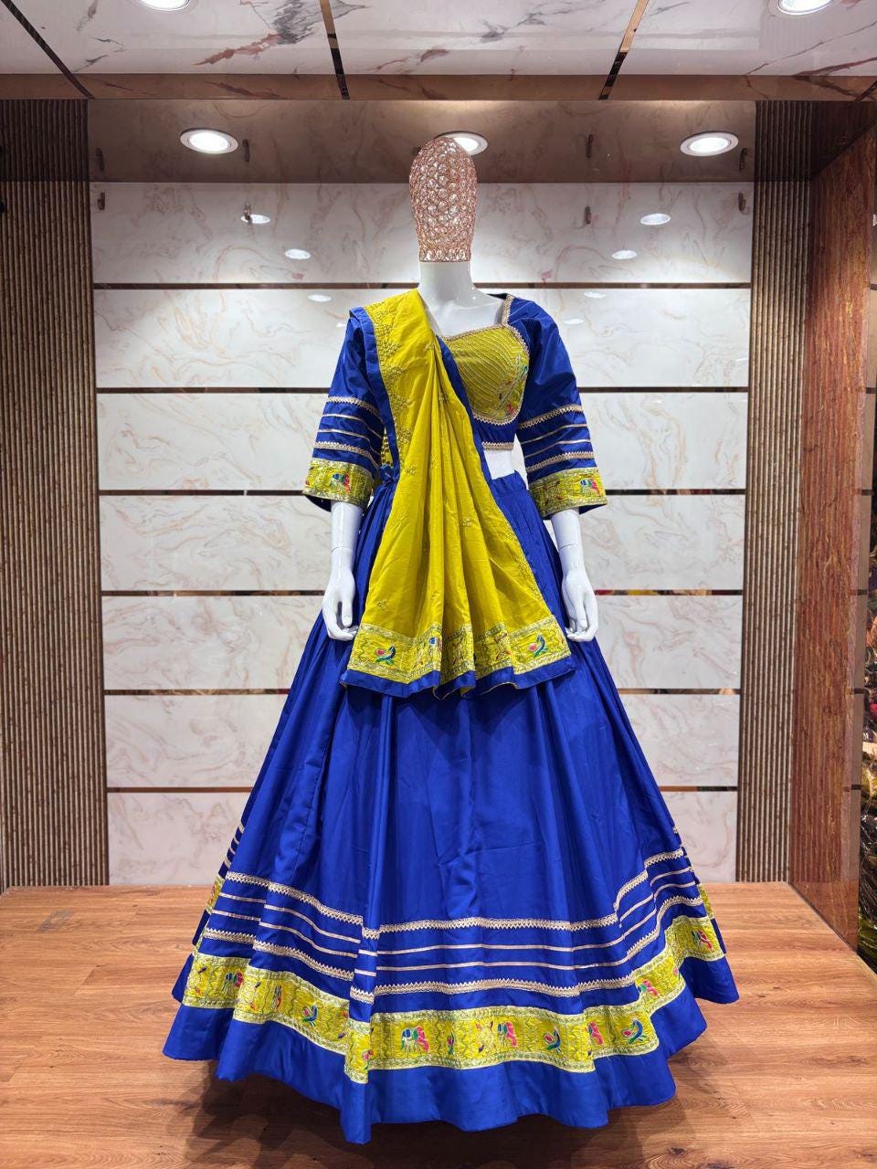 Rasgulla Fabric Cotton Base Skirt With Kampi Border And Multi Work Combination Chaniya Choli