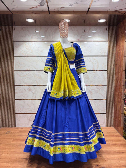 Rasgulla Fabric Cotton Base Skirt With Kampi Border And Multi Work Combination Chaniya Choli