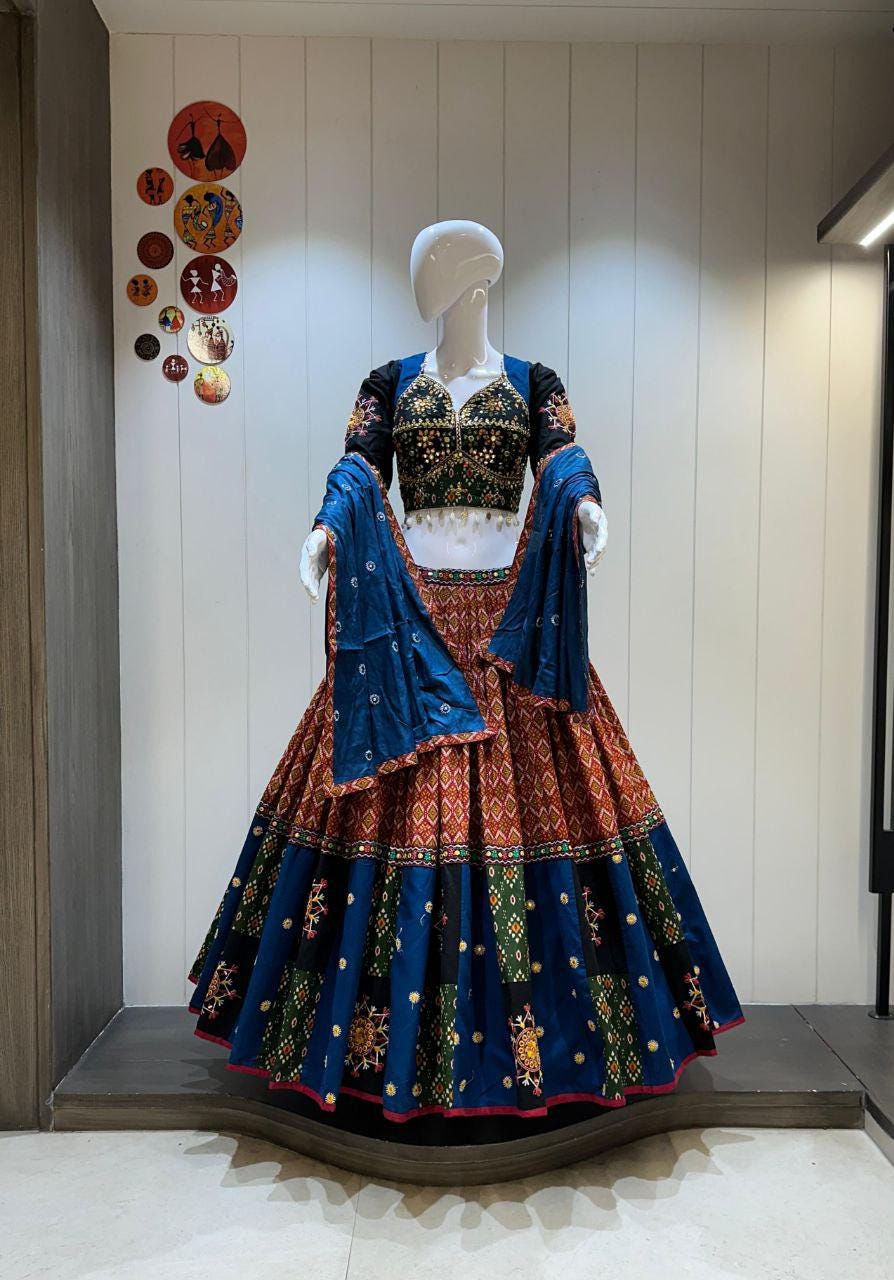 Ikkat Khadi Cotton Designer Chaniya Choli With Lining- Crape Lining