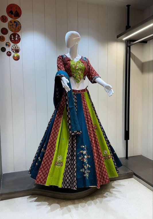 Cotton Print Base With Patching Work Dupatta With Designer Blouse