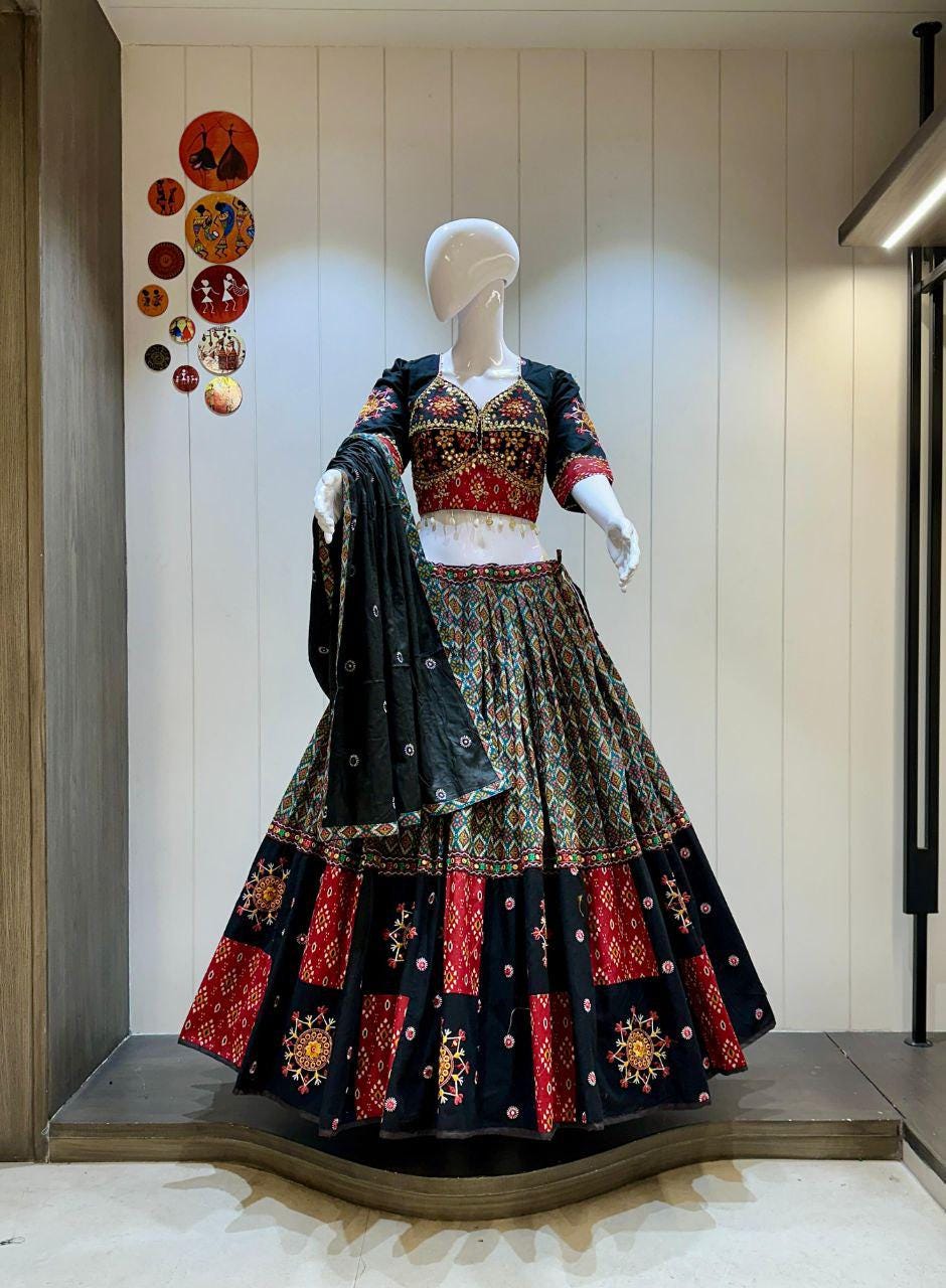 Ikkat Khadi Cotton Designer Chaniya Choli With Lining- Crape Lining