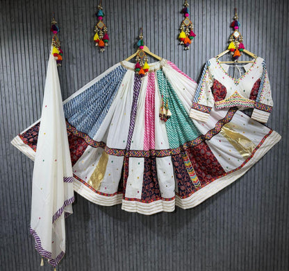 Pure Jaam Cotton Base Skirt With Kampi Border And Multi Work Combination Chaniya Choli