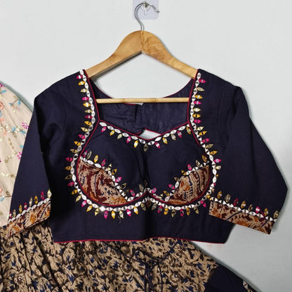 Pure Jaam Cotton Base Skirt With Kampi Border And Multi Work Combination Chaniya Choli