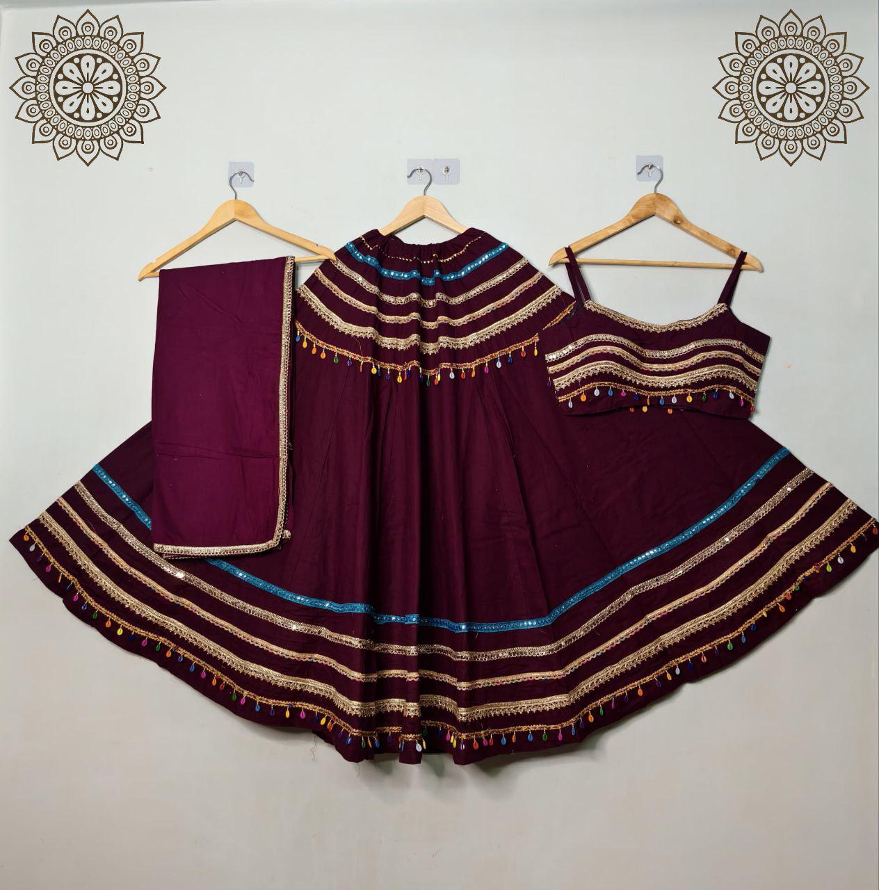 Cotton Base Skirt With Kampi Border And Multi Work Combination Chaniya Choli