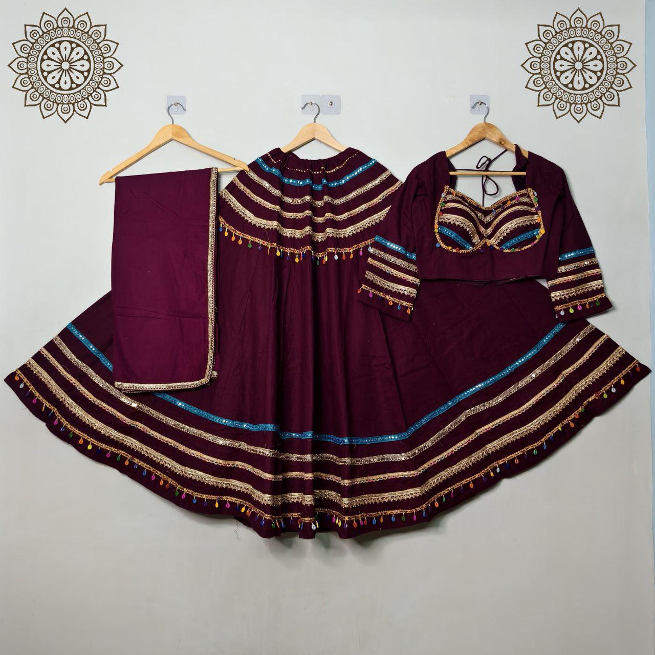 Cotton Base Skirt With Kampi Border And Multi Work Combination Chaniya Choli