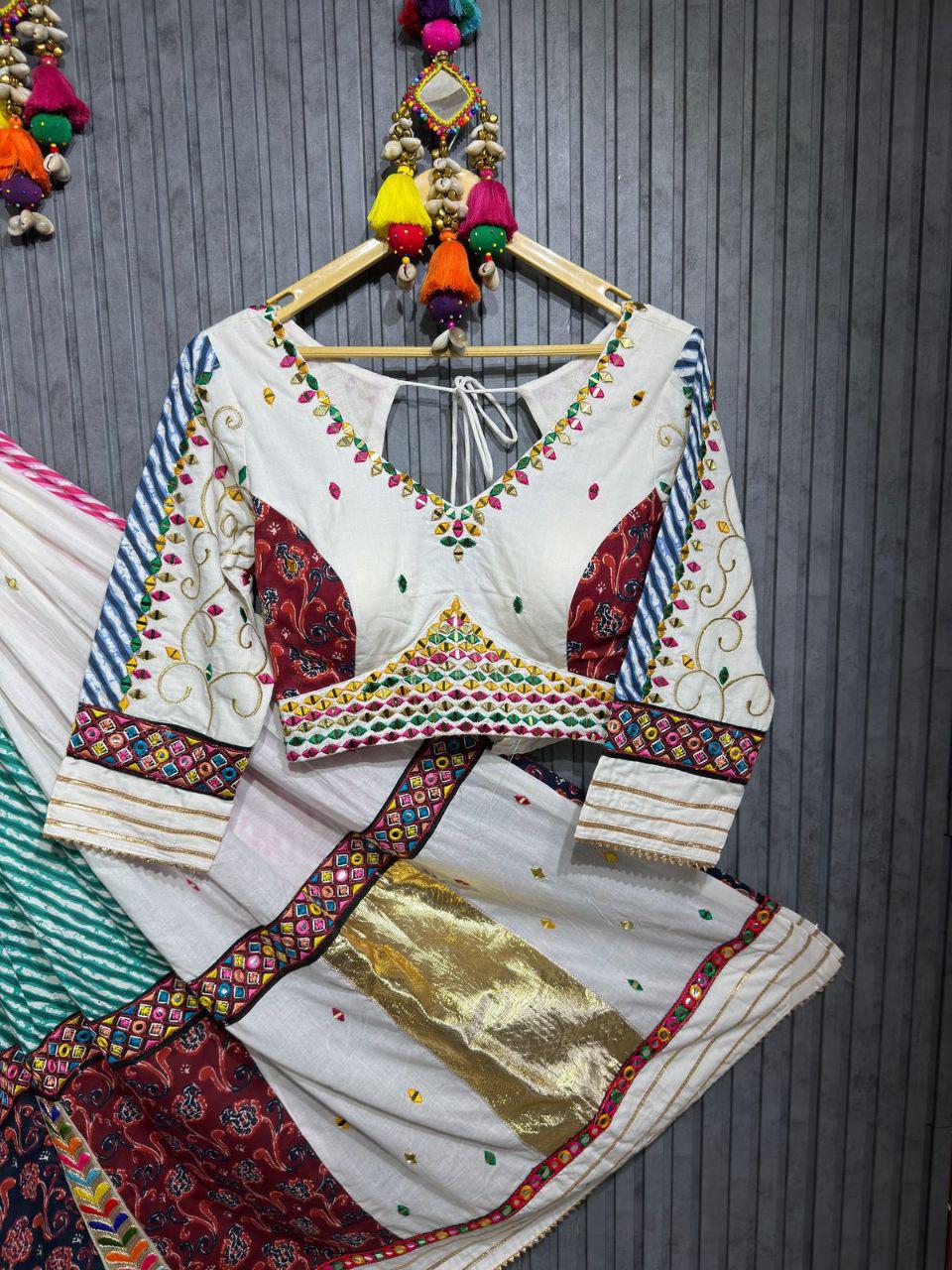 Pure Jaam Cotton Base Skirt With Kampi Border And Multi Work Combination Chaniya Choli