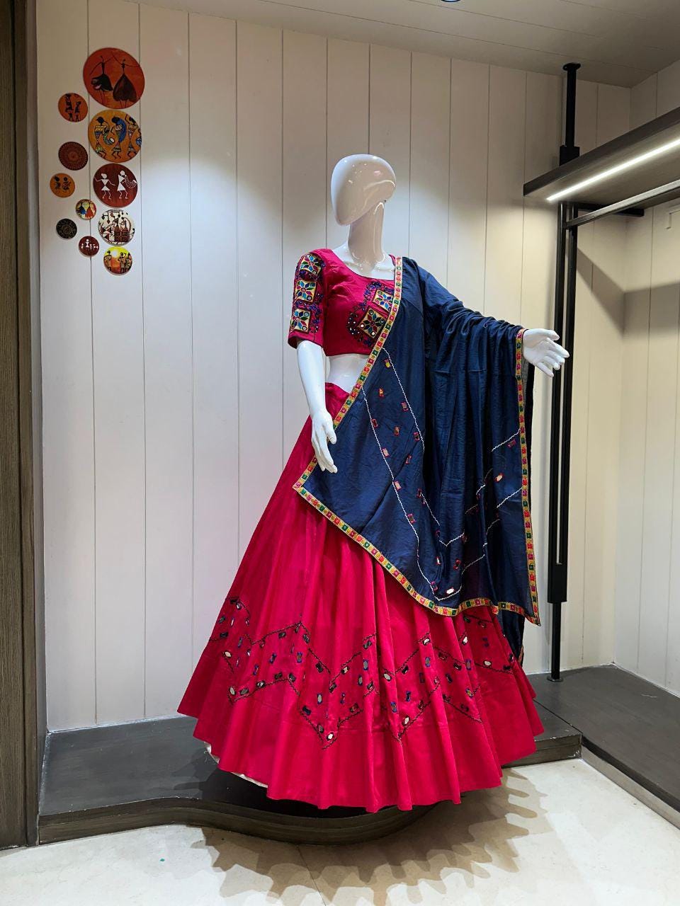 Pure Ajrakh Cotton Print Fabric Aari Work  With Patching Work Dupatta With Designer Blouse