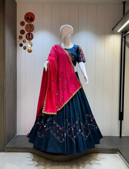 Pure Ajrakh Cotton Print Fabric Aari Work  With Patching Work Dupatta With Designer Blouse