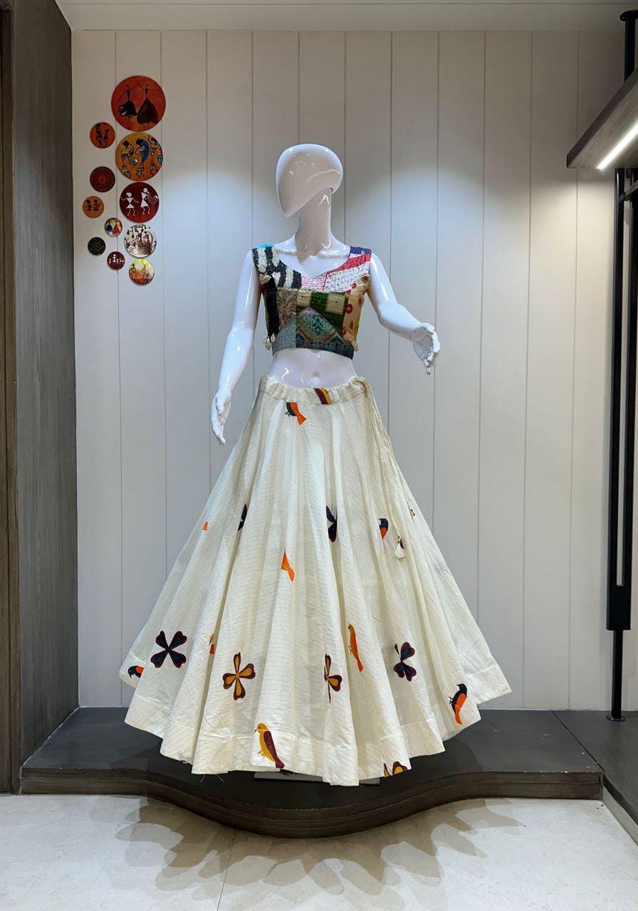 White Lurex Khadi Cotton Umbrella Chaniya Choli With Heavy Blouse