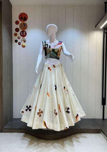 White Lurex Khadi Cotton Umbrella Chaniya Choli With Heavy Blouse