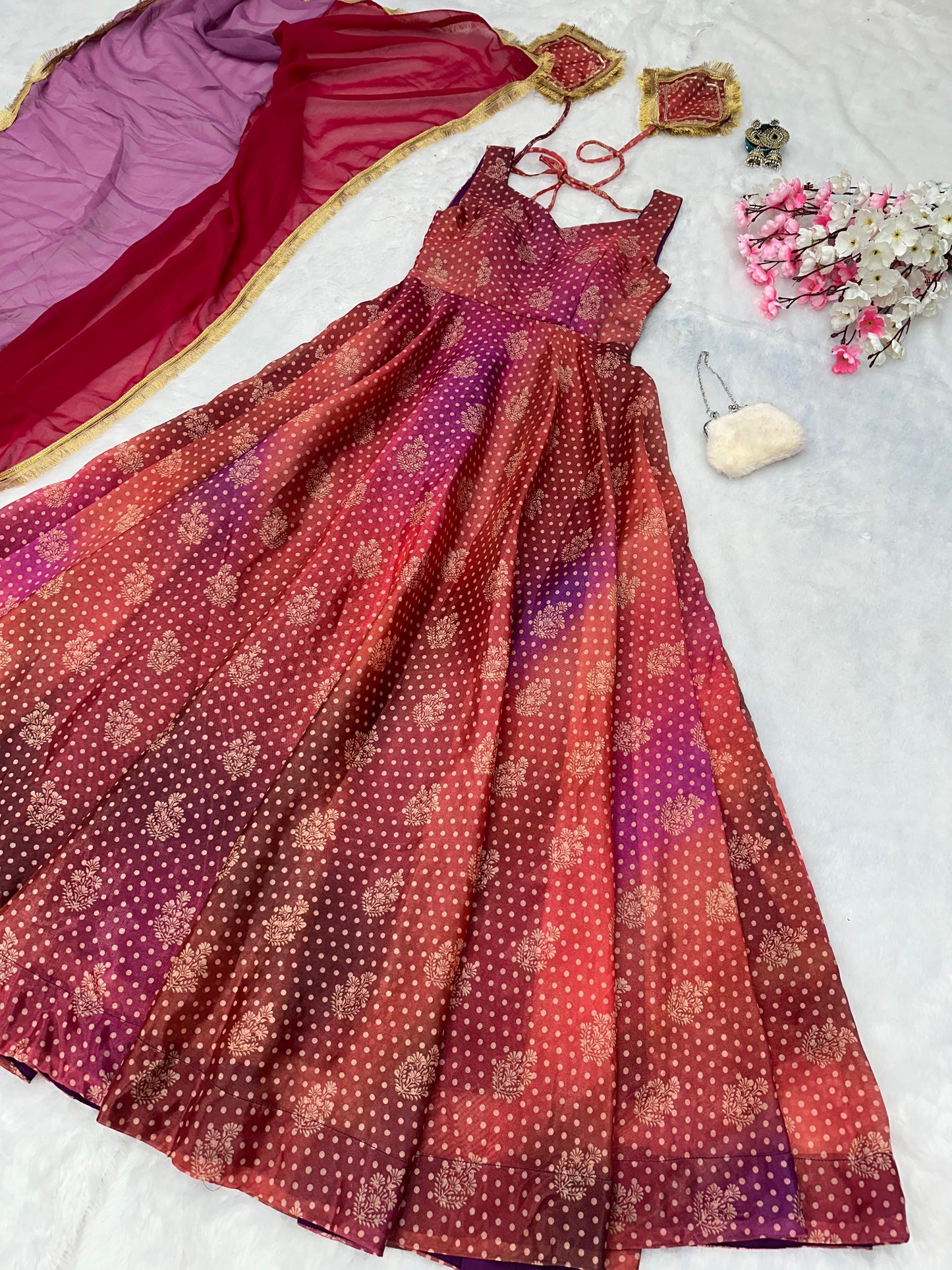 Pure Jimmy Organza Silk Digital Printed Padded Gown With 54+ Gown Length 8 Mtr Flair Outfit