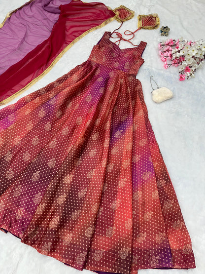 Pure Jimmy Organza Silk Digital Printed Padded Gown With 54+ Gown Length 8 Mtr Flair Outfit