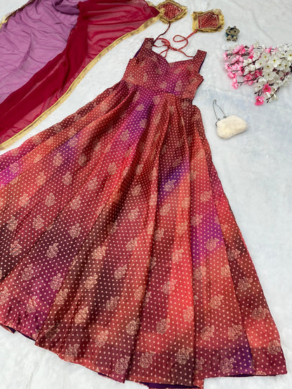 Pure Jimmy Organza Silk Digital Printed Padded Gown With 54+ Gown Length 8 Mtr Flair Outfit