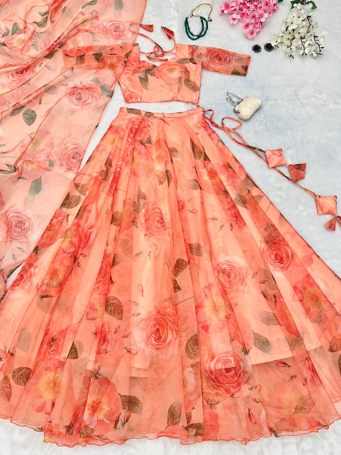 Pure Organza Silk Floral Printed Lehnga 8mtr Flair Lehnga With Canvas Patta