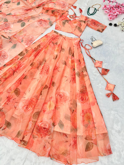 Pure Organza Silk Floral Printed Lehnga 8mtr Flair Lehnga With Canvas Patta