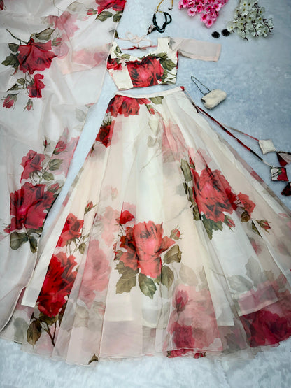 Pure Organza Silk Floral Printed Lehnga 8mtr Flair Lehnga With Canvas Patta
