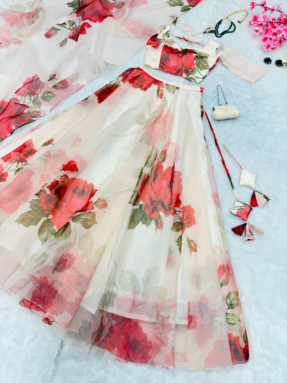 Pure Organza Silk Floral Printed Lehnga 8mtr Flair Lehnga With Canvas Patta