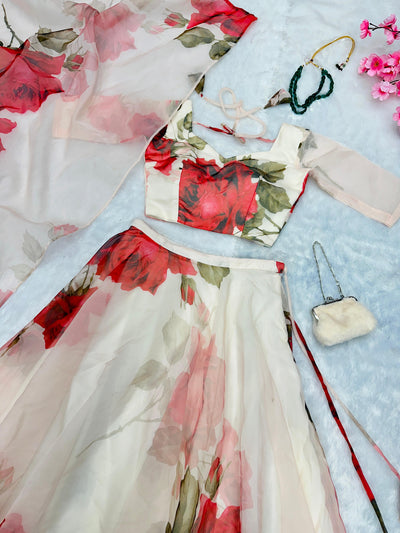 Pure Organza Silk Floral Printed Lehnga 8mtr Flair Lehnga With Canvas Patta