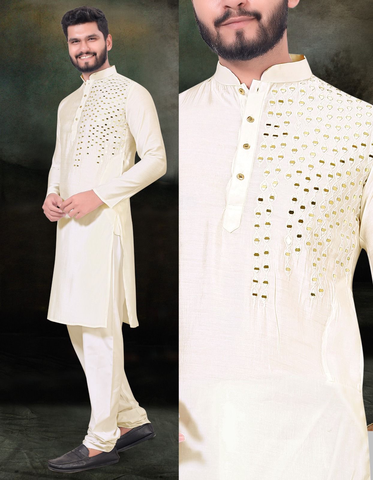Men's Heavy Chikankari Mirror Work Kurta Pajama Set Indian Navratri Kurta Wedding & Ceremony Outfit
