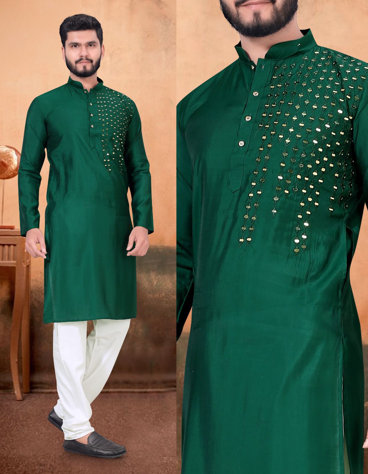 Men's Heavy Chikankari Mirror Work Kurta Pajama Set Indian Navratri Kurta Wedding & Ceremony Outfit
