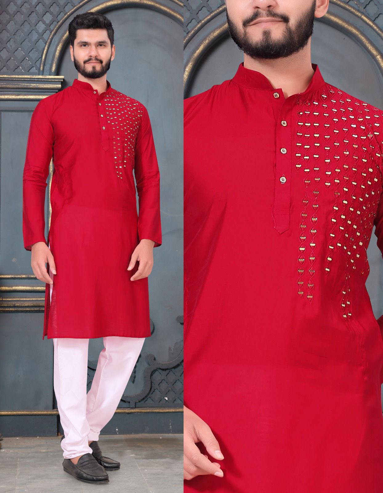 Men's Heavy Chikankari Mirror Work Kurta Pajama Set Indian Navratri Kurta Wedding & Ceremony Outfit