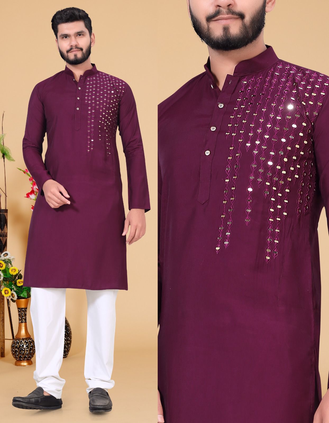 Men's Heavy Chikankari Mirror Work Kurta Pajama Set Indian Navratri Kurta Wedding & Ceremony Outfit