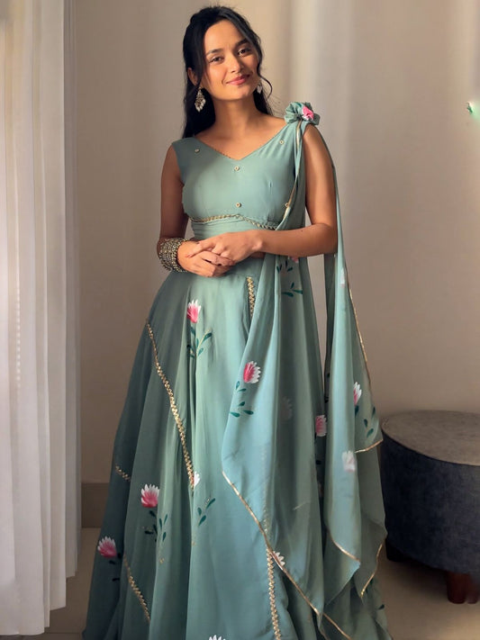 Georgette Handpaints Blouse With Handwork Lace It Has Draped Attached Dupatta Blouse Fully Stitched