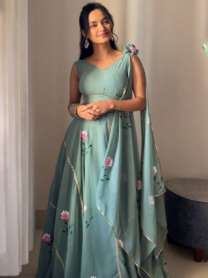 Georgette Handpaints Blouse With Handwork Lace It Has Draped Attached Dupatta Blouse Fully Stitched