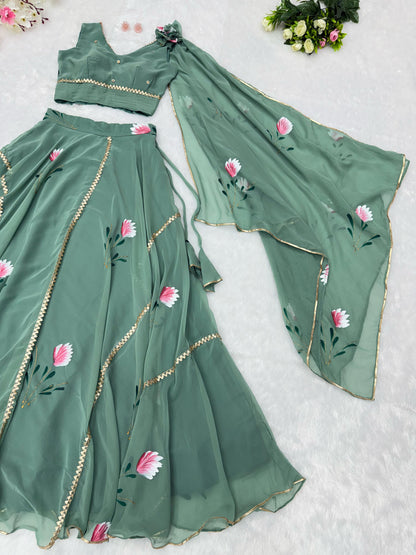 Georgette Handpaints Blouse With Handwork Lace It Has Draped Attached Dupatta Blouse Fully Stitched