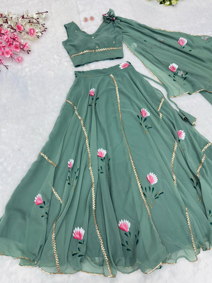 Georgette Handpaints Blouse With Handwork Lace It Has Draped Attached Dupatta Blouse Fully Stitched