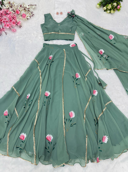 Georgette Handpaints Blouse With Handwork Lace It Has Draped Attached Dupatta Blouse Fully Stitched