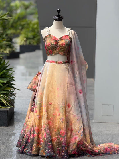 Pure Organza Digital Printed Lehnga. 8mtr Flair Lehnga With Canvas Patta And Adjustable Waist Dori