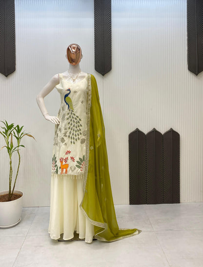 Heavy FRENCH CRAPE With Embroidery Work With PEACOCK Salwar Kameez Is Perfect For Party Wear