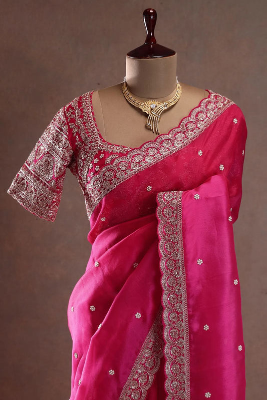 Pink Tabby Silk Flower Sequence With Thread Work Hand Embroidery Saree