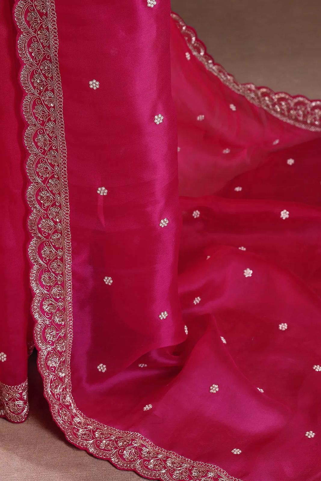 Pink Tabby Silk Flower Sequence With Thread Work Hand Embroidery Saree