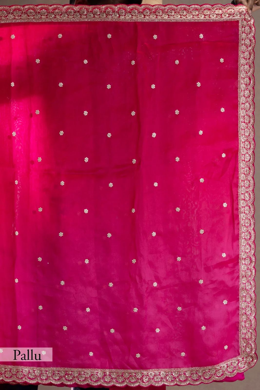 Pink Tabby Silk Flower Sequence With Thread Work Hand Embroidery Saree