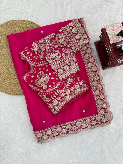Pink Tabby Silk Flower Sequence With Thread Work Hand Embroidery Saree