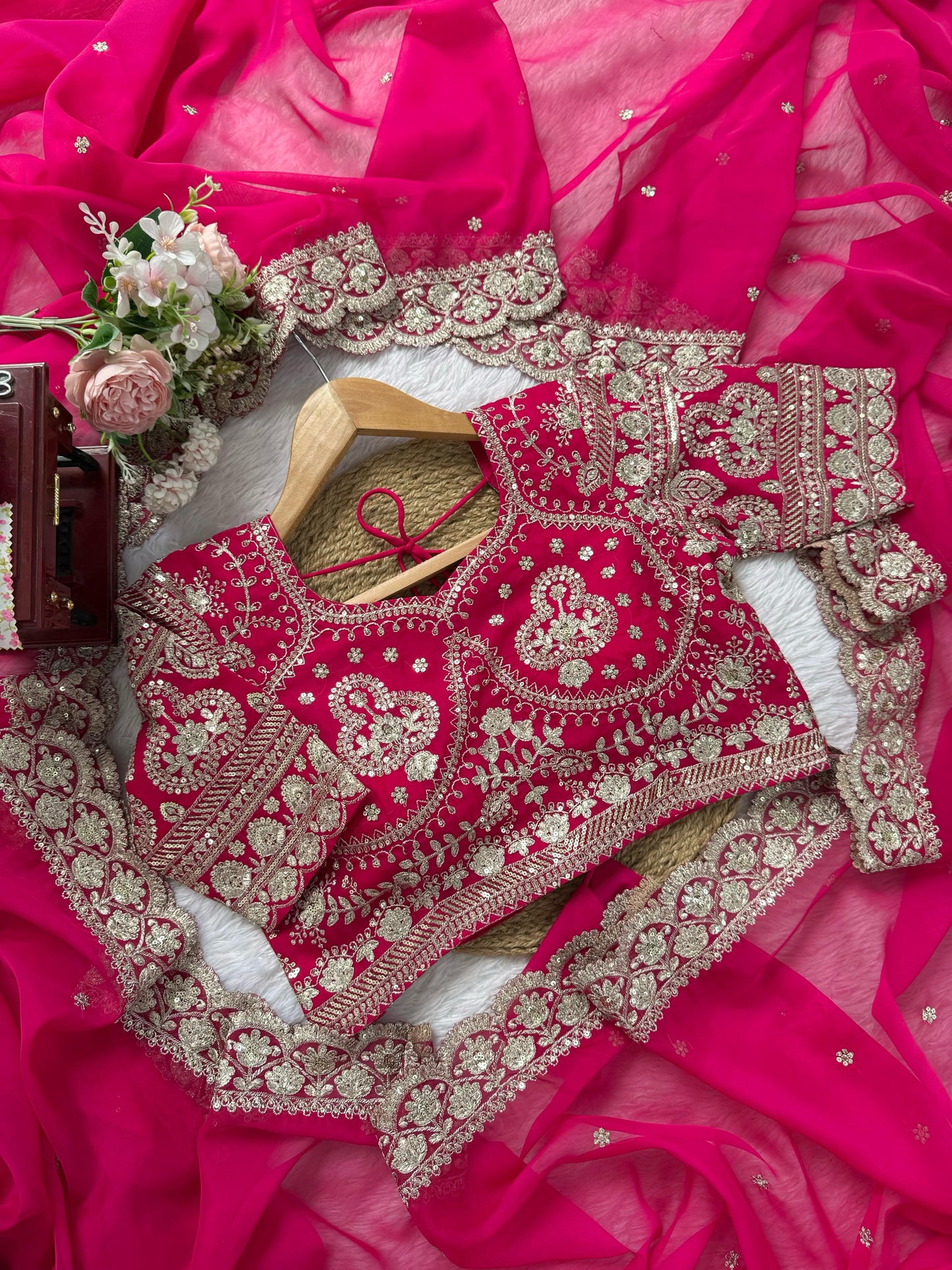 Pink Tabby Silk Flower Sequence With Thread Work Hand Embroidery Saree
