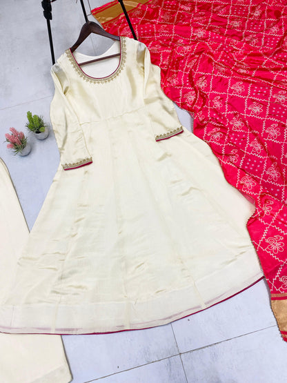 Heavy CHINON With Embroidery Work With GOLDEN LACE WITH PIPING