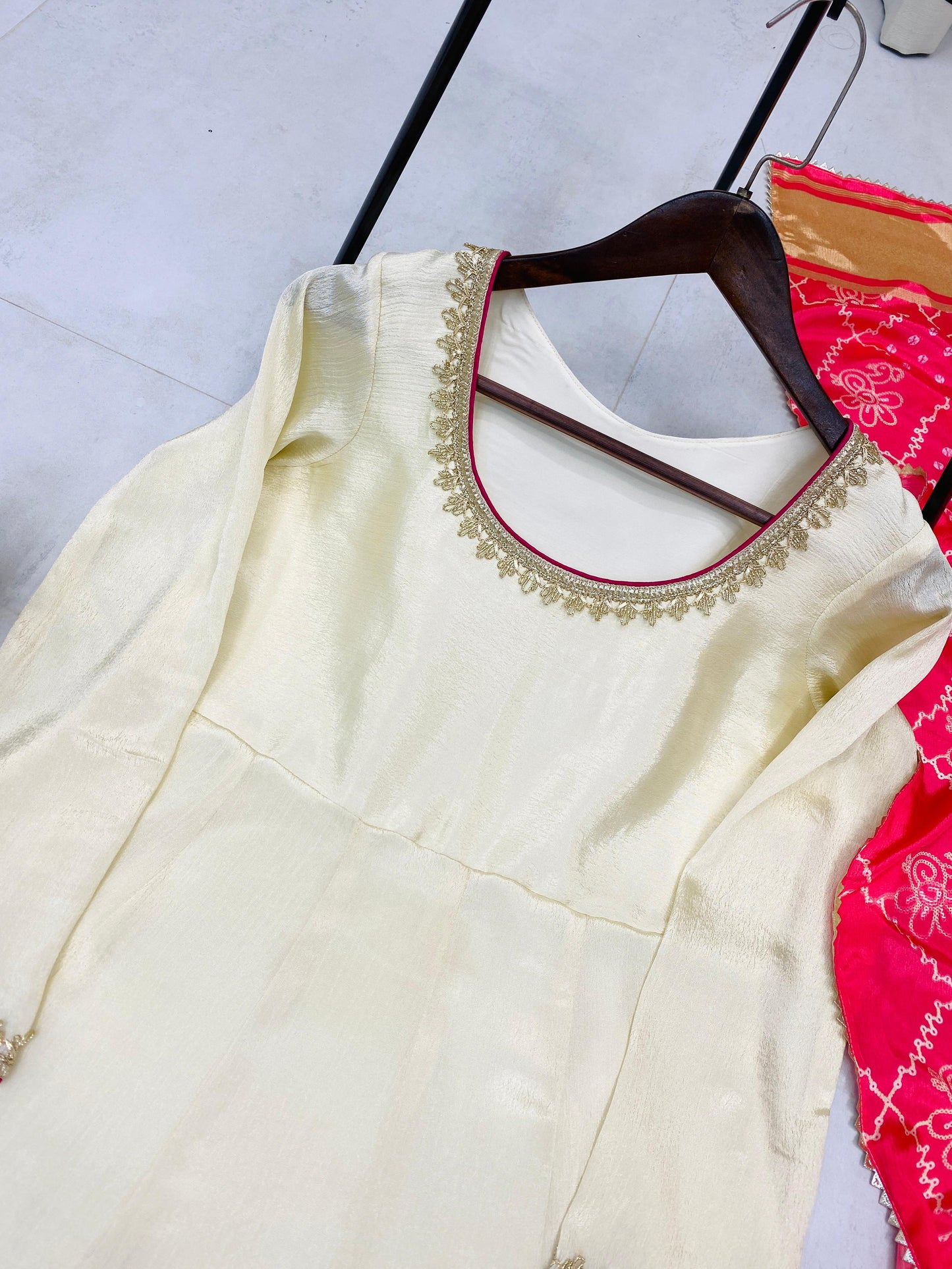 Heavy CHINON With Embroidery Work With GOLDEN LACE WITH PIPING