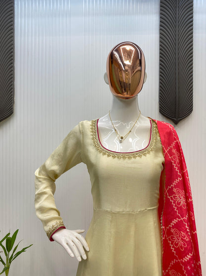 Heavy CHINON With Embroidery Work With GOLDEN LACE WITH PIPING