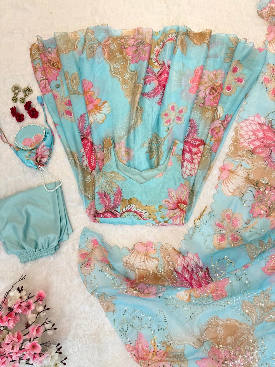 Pure Jimmy Organza Silk Digital Printed Padded Anarkali With Mirror Work On Neck