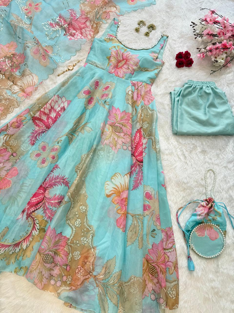 Pure Jimmy Organza Silk Digital Printed Padded Anarkali With Mirror Work On Neck