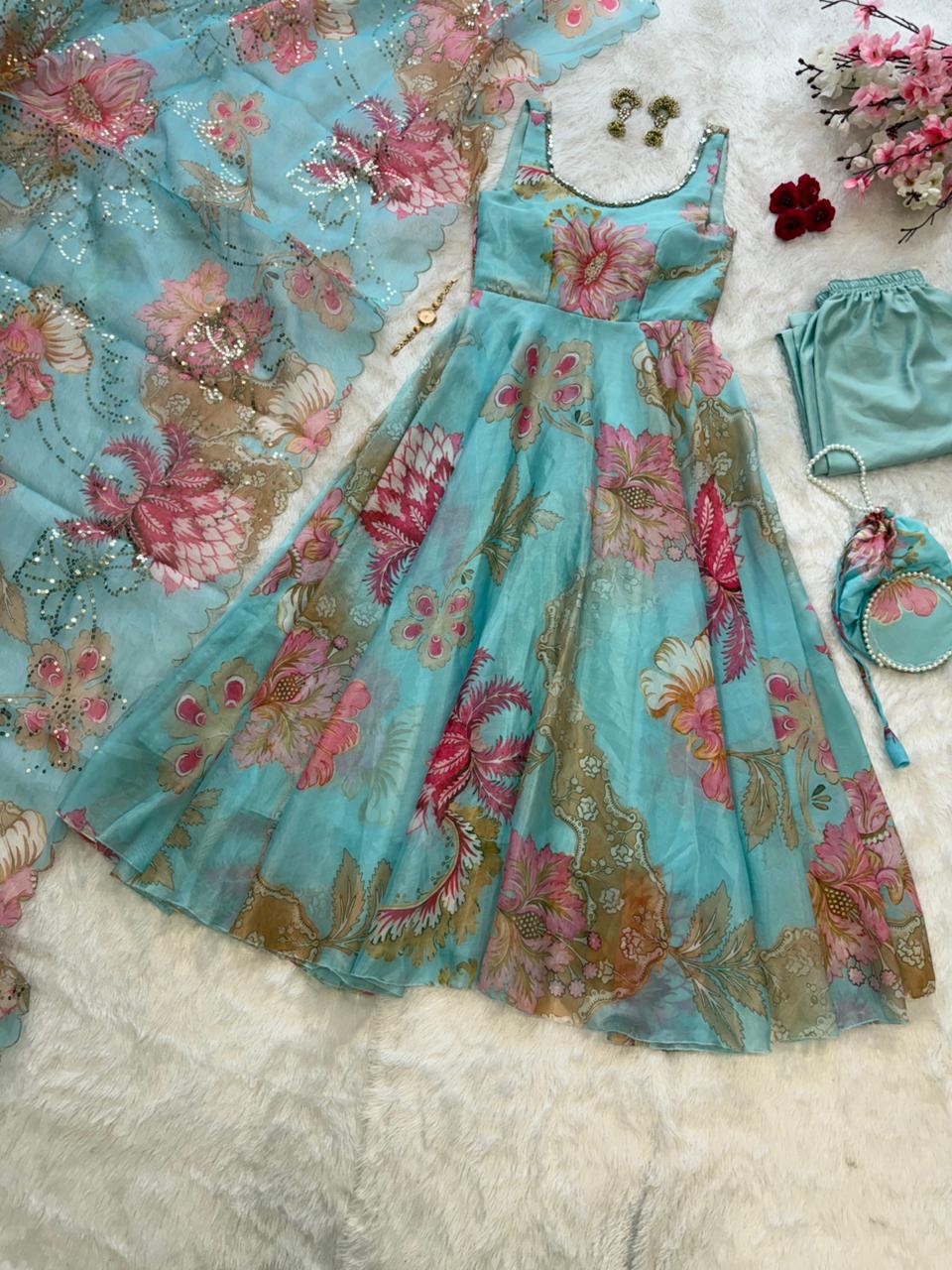 Pure Jimmy Organza Silk Digital Printed Padded Anarkali With Mirror Work On Neck