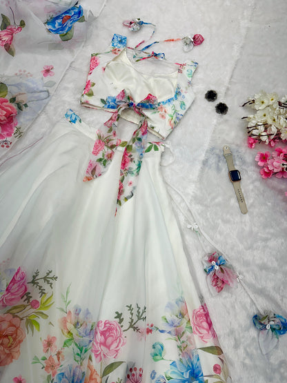 Pure Organza Silk Floral  Printed Lehnga 8 Mtr Flair Lehnga With Canvas Patta