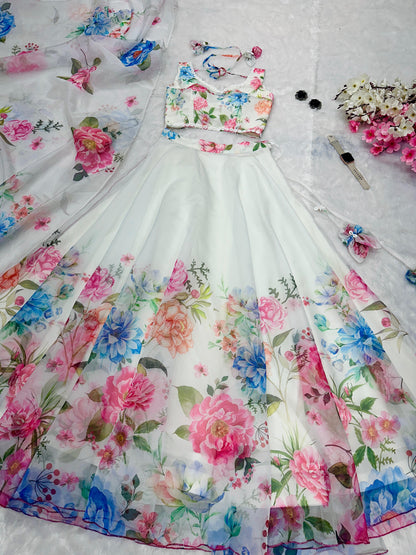 Pure Organza Silk Floral  Printed Lehnga 8 Mtr Flair Lehnga With Canvas Patta