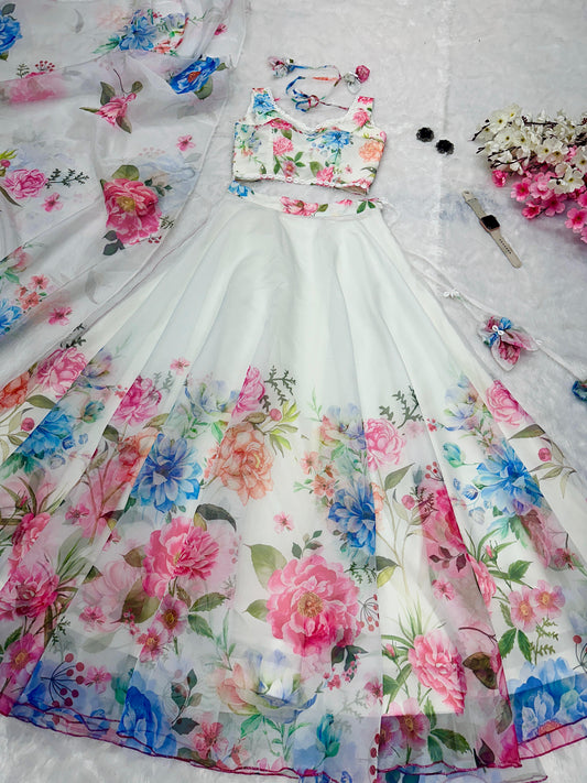 Pure Organza Silk Floral  Printed Lehnga 8 Mtr Flair Lehnga With Canvas Patta