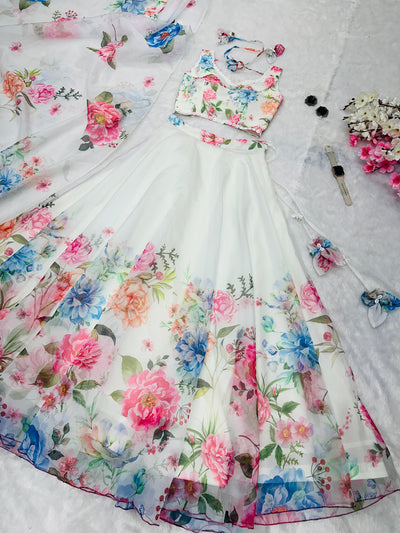 Pure Organza Silk Floral  Printed Lehnga 8 Mtr Flair Lehnga With Canvas Patta