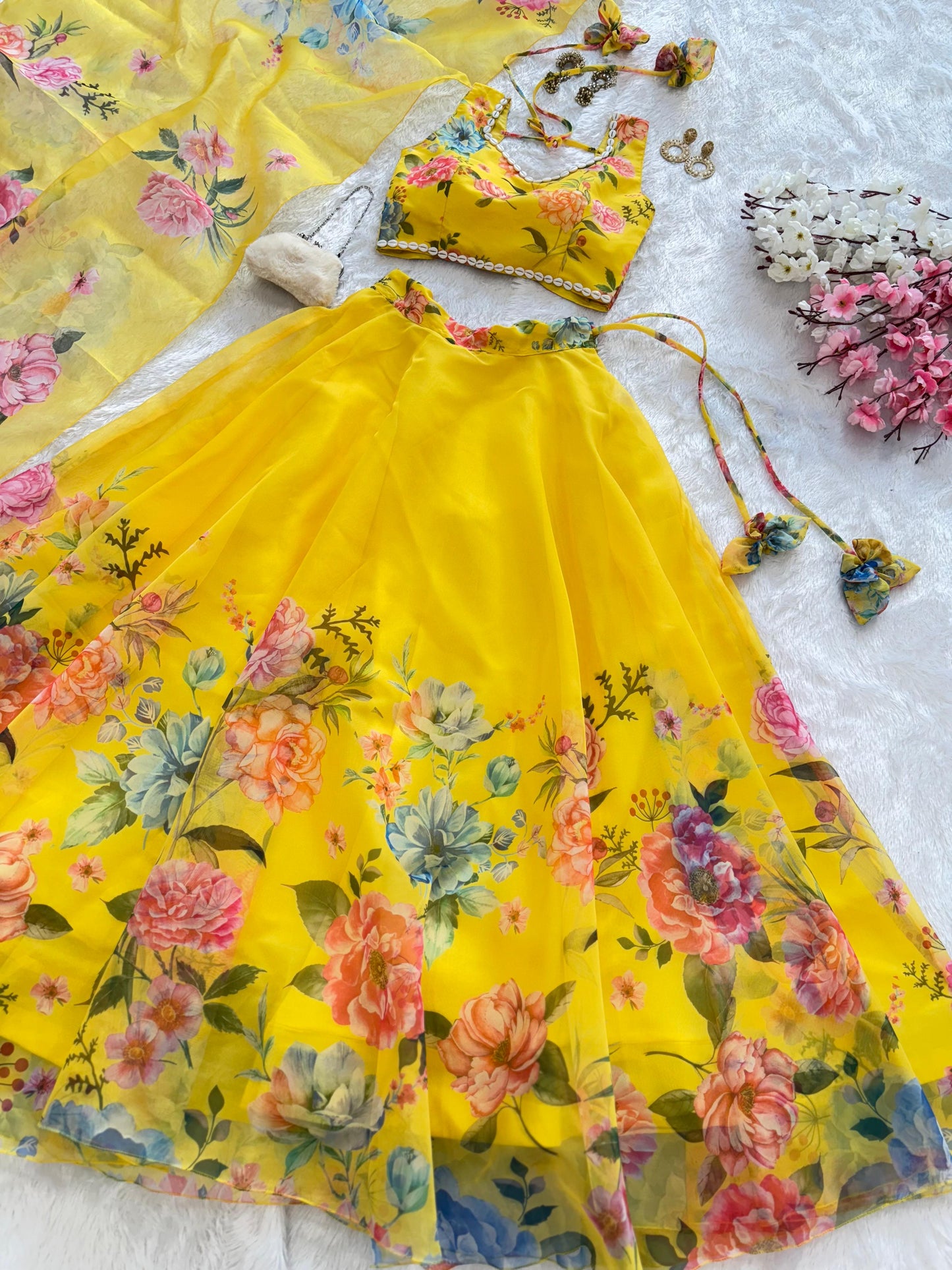 Pure Organza Silk Floral  Printed Lehnga 8 Mtr Flair Lehnga With Canvas Patta